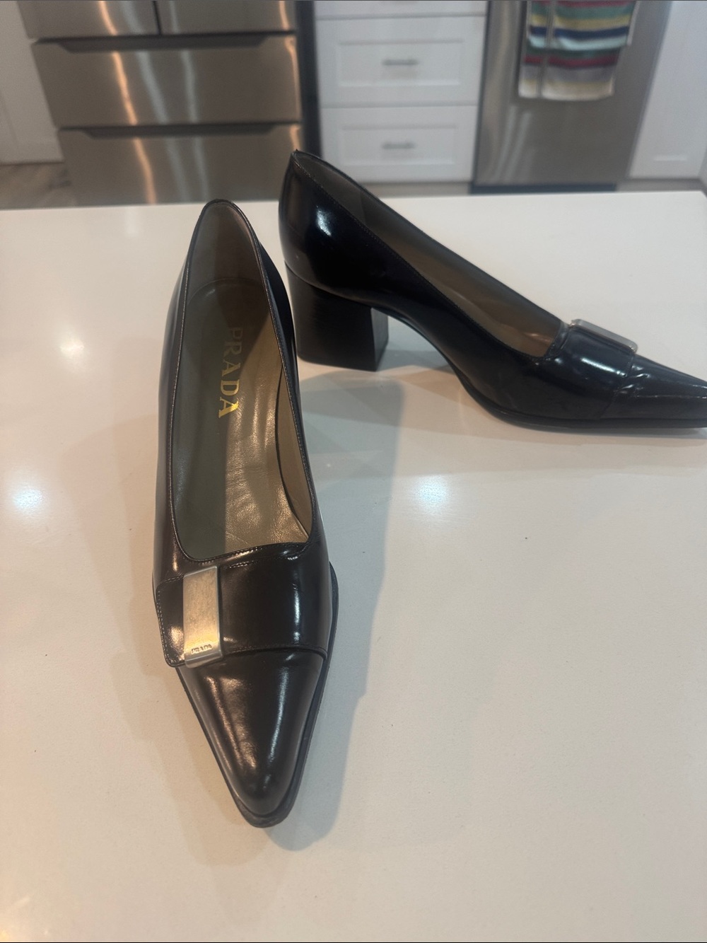 Prada Black Patent Leather Pointed Toe Mid Block Heel Pumps